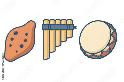 Traditional musical instruments set including ocarina, pan pipes, and frame drum