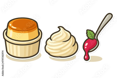 Set of dessert components including custard pudding whipped cream and berry jam on a spoon