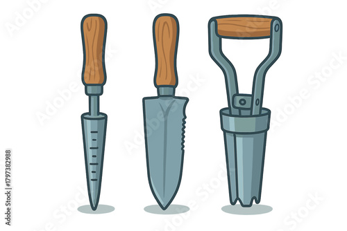 Essential gardening tools set including a dibber, serrated trowel, and bulb planter