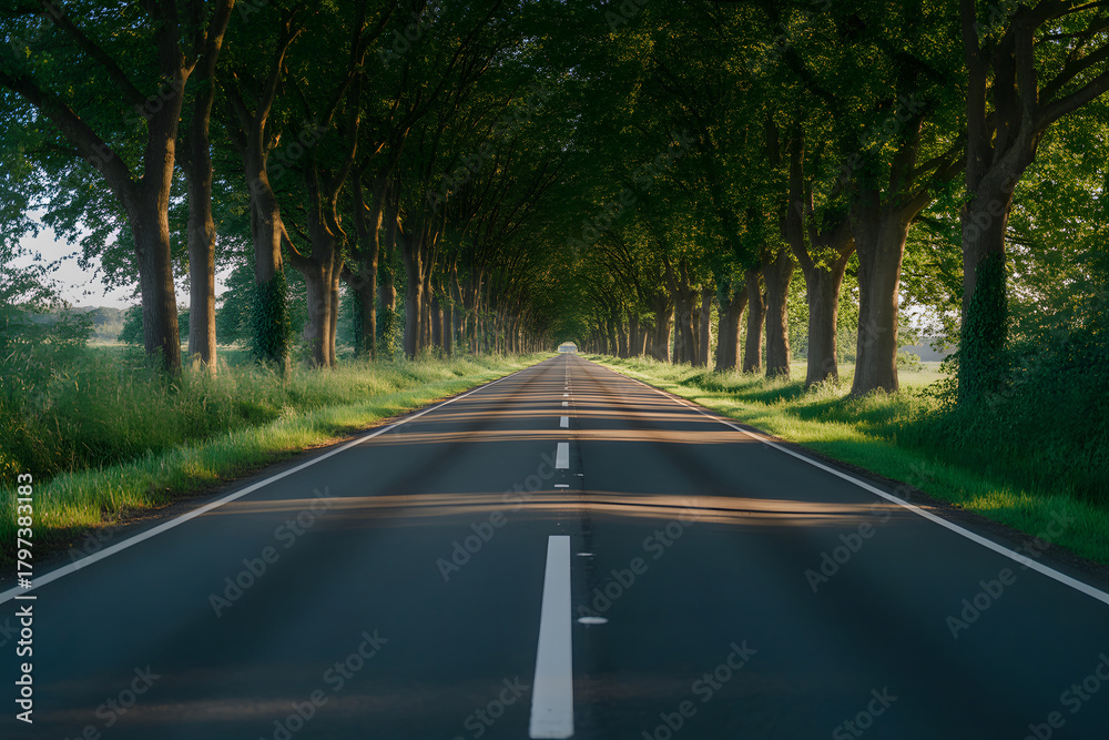 Fototapeta premium Empty tree lined road stretching into the distance with sunlight