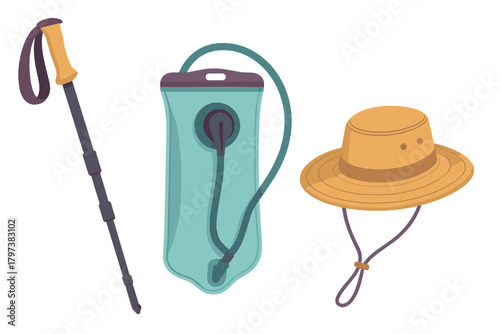 Essential hiking equipment set including a trekking pole, hydration reservoir, and wide-brimmed sun hat