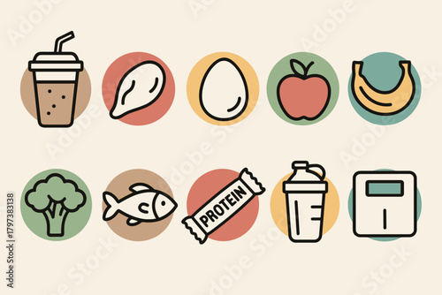 A set of 10 colorful round icons on the theme of healthy eating, sports nutrition, and weight control in the style of flat colored round icons with black outlines and a delicate pastel palette (blue, 