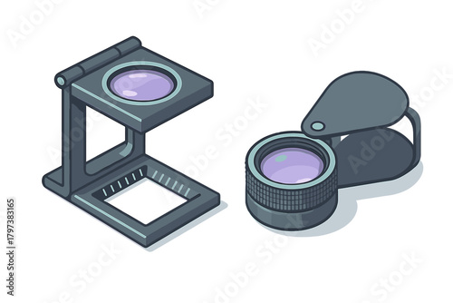 Isometric view of two magnifying loupes used for detailed inspection and analysis