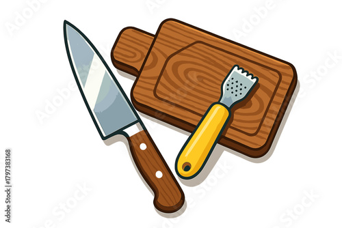 Professional chef knife and zester resting on a classic wooden cutting board for food preparation