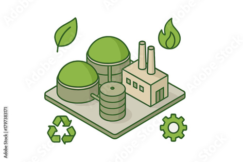 Isometric biogas plant facility generating renewable green energy and sustainability symbols