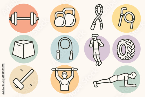 A set of outline icons related to strength training and fitness, in the style of pictograms with a round background in various pastel colors (orange, yellow, green, gray).