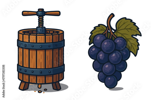 Old fashioned wooden wine press and fresh bunch of dark purple grapes