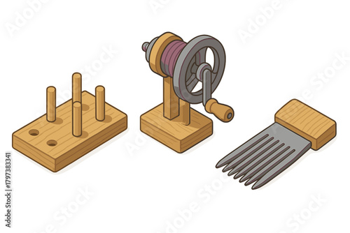 Vintage tools for fiber preparation and yarn winding spool rack and swift