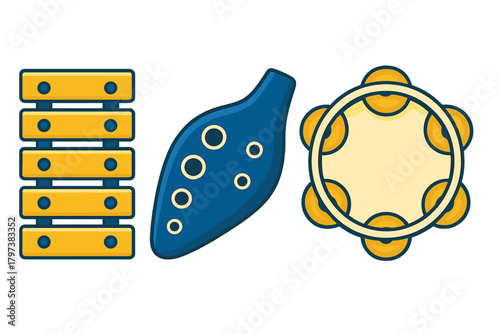 Collection of diverse musical instruments featuring xylophone bars ocarina and tambourine
