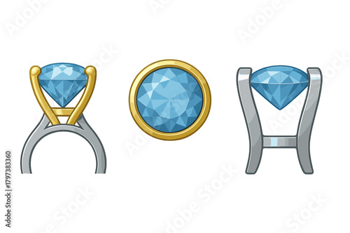 Three blue faceted gemstones set in gold and silver precious metal jewelry mounts