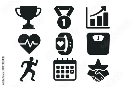 A set of 12 black silhouette icons on the theme of fitness, health, and achievements in solid black silhouette style (solid black fill, no outlines). All icons are flat and minimalistic.