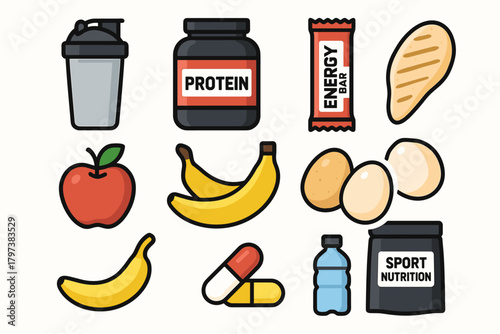 a collection of 13 colorful icons representing various fitness and nutrition-related items.