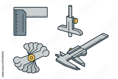 Precision measuring tools set including caliper, square ruler, depth gauge, and radius gauge