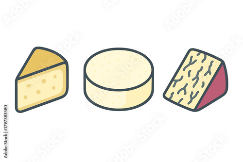 Collection of various dairy products including cheese wedges, a round wheel, and soft cheese