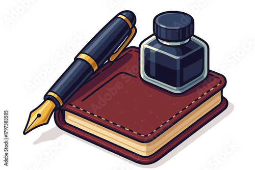 Classic fountain pen, ink bottle, and leather notebook for traditional writing