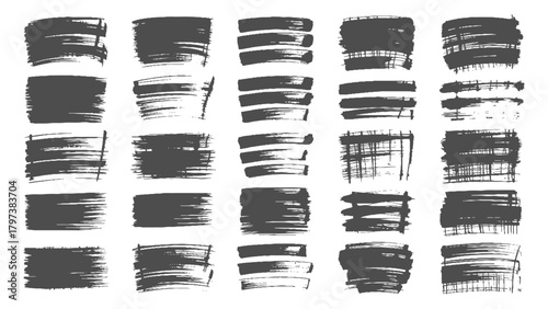Collection of varied black ink brush strokes and splatters ,Set of thick dried brush strokes, grunge acrylic textures, stencil silhouettes,  Abstract black ink grungy lines, borders, underline