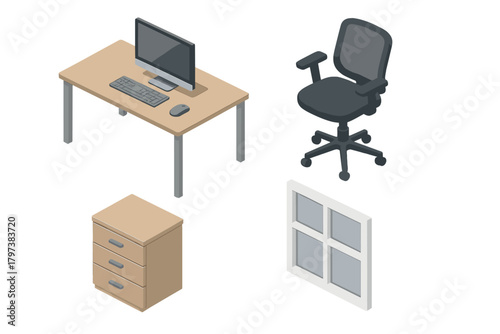 Essential workspace elements collection featuring desk computer chair cabinet and window frame