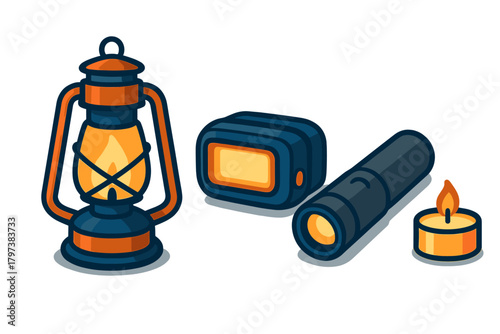 Set of essential lighting equipment including oil lamp, modern flashlight, and burning candle