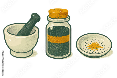 Traditional tools for preparing spices and herbs, featuring a mortar, pestle, jar, and strainer