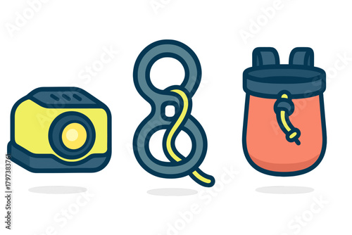 Set of climbing gear including action camera, figure eight descender, and chalk bag for adventure
