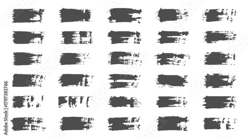 Collection of varied black ink brush strokes and splatters ,Set of thick dried brush strokes, grunge acrylic textures, stencil silhouettes,  Abstract black ink grungy lines, borders, underline