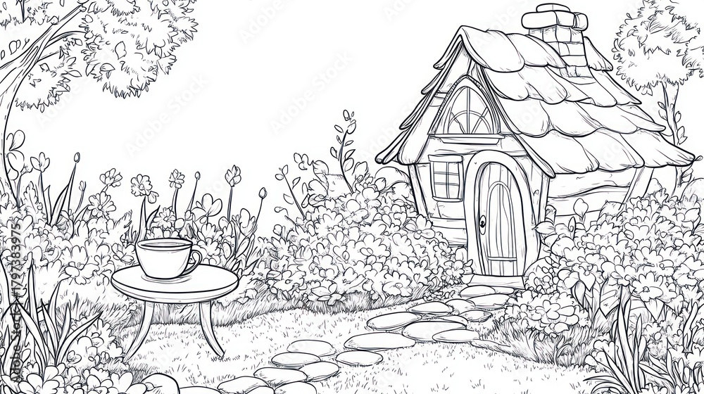 Fototapeta premium Cottage garden tea party coloring page