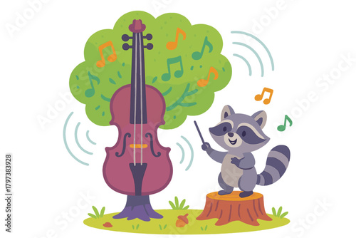 Adorable raccoon character conducting musical notes next to a large violin growing from the ground