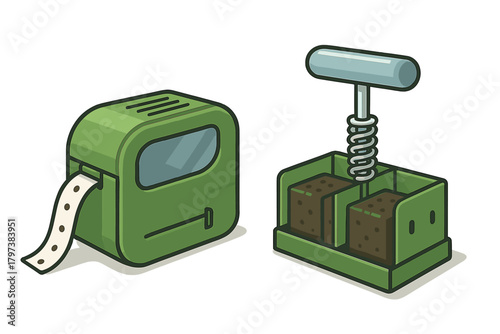 Stylized isometric icons of a receipt printer and a mechanical press device
