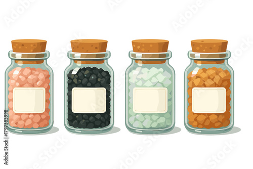 Four glass jars filled with colorful granules and cork stoppers on white background
