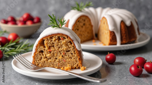 Delicious cake with icing, decorated with rosemary and cranberries, served on plate. Perfect for festive occasions and gatherings