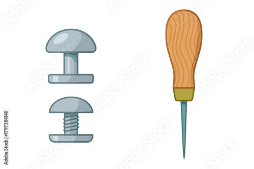 Set of leather crafting tools including metal rivets and a sharp wooden awl