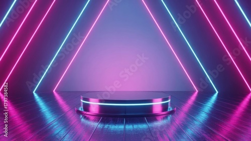 3D Rendering of an Empty Stage with Neon Glowing Lines for Product Presentation.