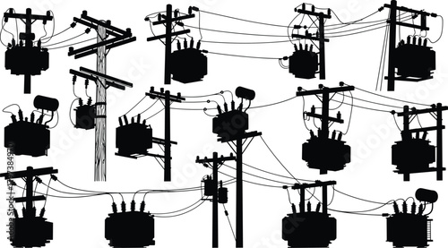 Silhouette vector illustration of electrical transformers on utility poles—power grid infrastructure, voltage system, energy distribution layout for engineering and planning reference