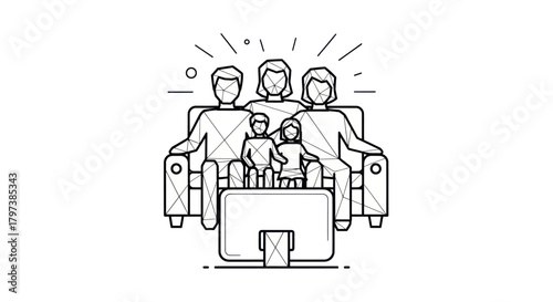 Family of Four Sitting on Sofa Watching Television Together.