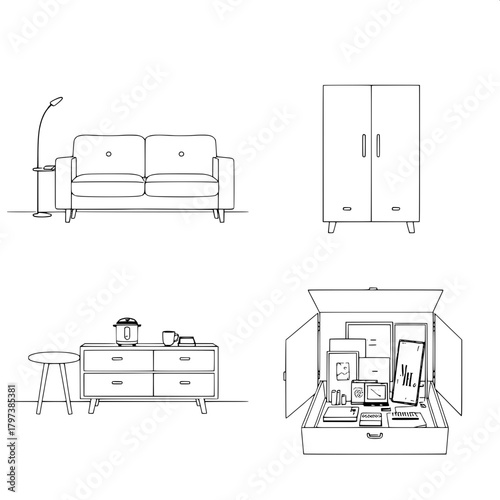 “Produce a modern minimalist composition showing four separate furniture scenes: sofa, side table with rice cooker and cup, abstract-patterned cabinet, and an open box containing decor and stationery.