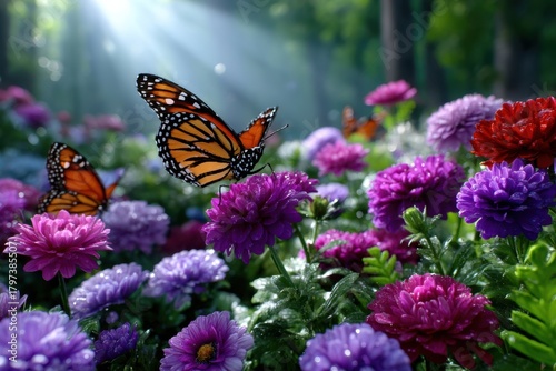 Colorful butterflies flutter among blooming flowers in a vibrant outdoor garden