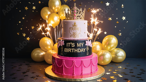 Luxurious princess-themed three-tier birthday cake with gold crown, pink fondant, and glowing star lights on black background.