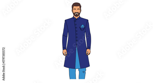 Stylish Man in Blue Sherwani with Beard and Pocket Detail.