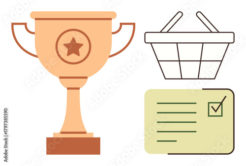 Trophy with star for achievement, shopping basket for commerce, and checklist for planning. Ideal for business, success, goals, planning, shopping organization achievement themes. Simple flat