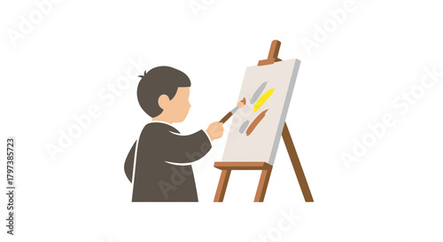 Young artist diligently painting on a canvas easel with brush.