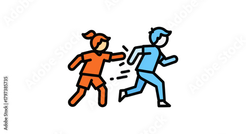 Cartoon Illustration of Two People Playing Tag.