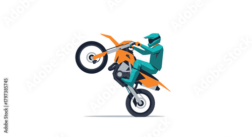 Motocross Rider Performing a Wheelie on an Orange and Black Dirt Bike.