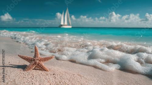 Fototapeta Naklejka Na Ścianę i Meble -  Starfish on soft sandy shore with gentle turquoise waves and distant sailboat under sunny sky, tranquil seaside scene with warm light and foamy surf