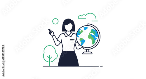 Cartoon Teacher Holding Globe and Pointing Education Concept.