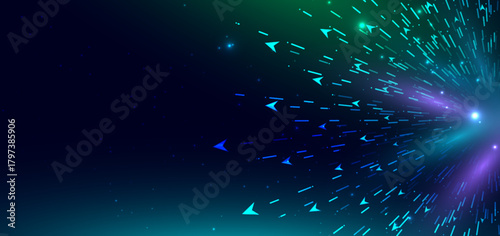 Technology futuristic arrow lines diagonal on green and blue background with lighting effect