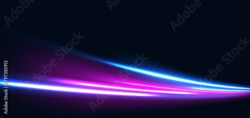 Blue and pink curved neon beams on dark blue background. Technology light concept.