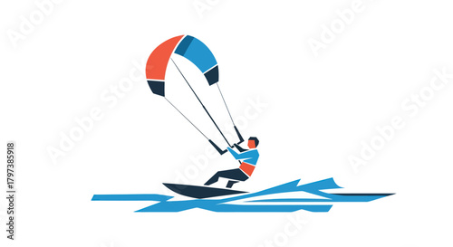 Kitesurfer on Water: Graphic Illustration of Extreme Sport Activity.