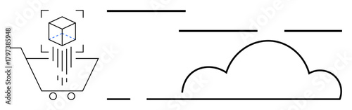 Shopping cart loading a 3D cube while connecting to a stylized cloud, showcasing data transfer, technology innovation, and e-commerce. Ideal for retail, digital storage, logistics, cloud computing