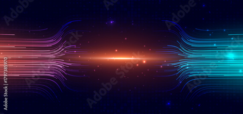 Technology futuristic horizontal lines network connection speed blue and pink on dark background.