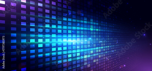 Technology futuristic square pattern with blue and purple lines diagonal on dark background with lighting effect.